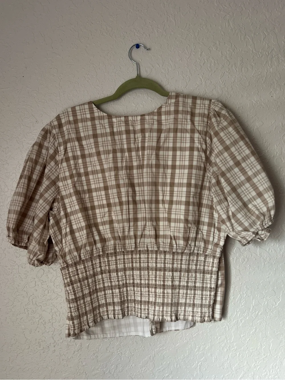 Abercrombie & Fitch Beige Plaid Puff-Sleeve Button Top